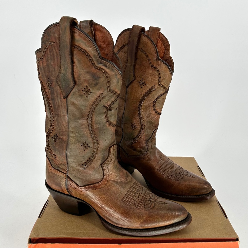 VTG Dan Post Distressed Brown Green Leather Boots Whip Stitch Western Cowgirl 7